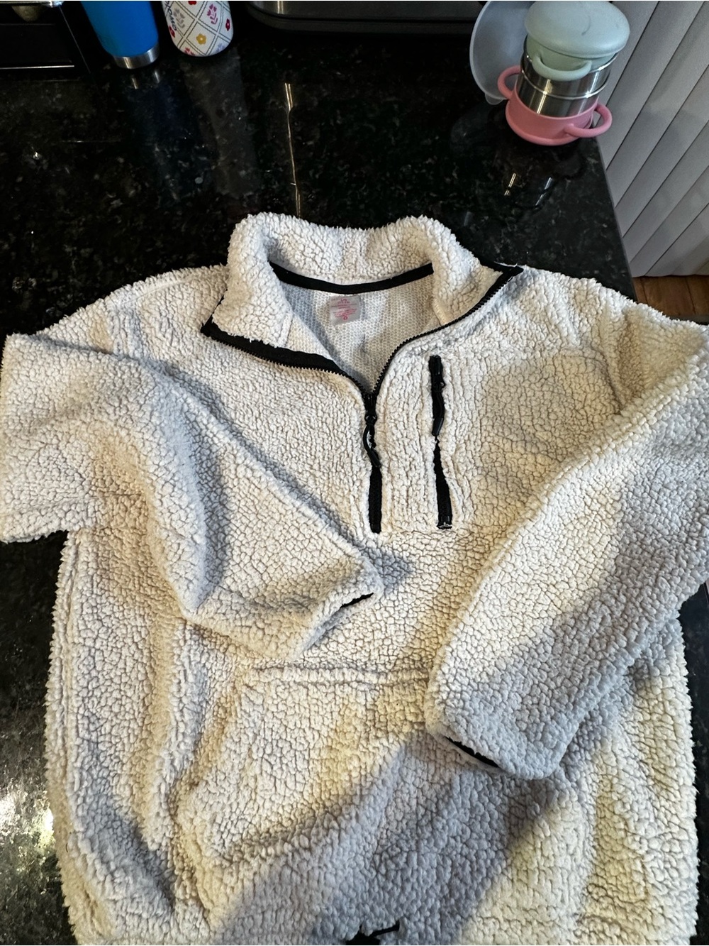 No Boundaries Ivory Sherpa Half-Zip Pullover with Black Trim